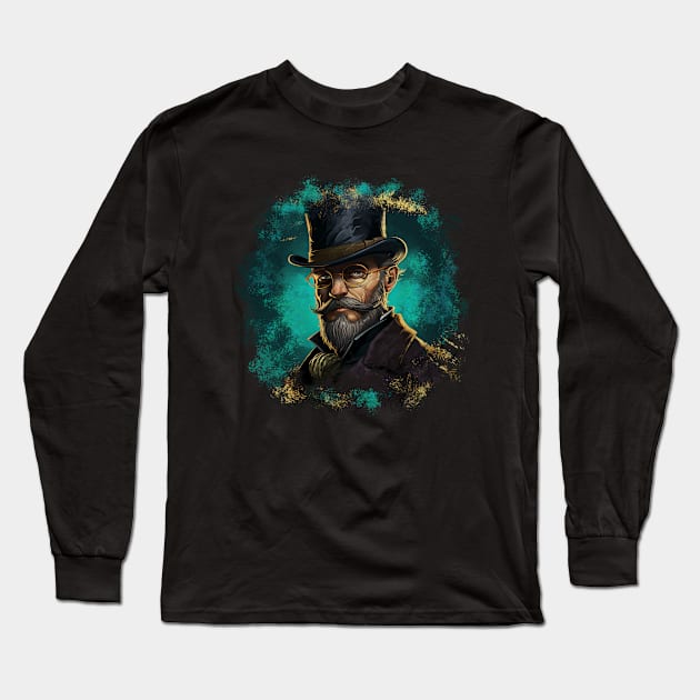 Vintage Design Illustration - Distinguished Gentleman in Glasses, Mustache, and Beard, Wearing a Suit with a Top Hat, Against a Turquoise Background. Long Sleeve T-Shirt by Art KateDav